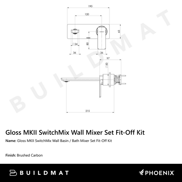 Phoenix Gloss MKII SwitchMix Wall Basin / Bath Mixer Set 200mm (Fit-Off Kit Only) Lead Free Brushed Carbon