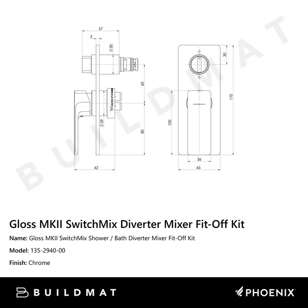 Phoenix Gloss MKII SwitchMix Shower / Bath Diverter Mixer Fit-Off Kit Chrome