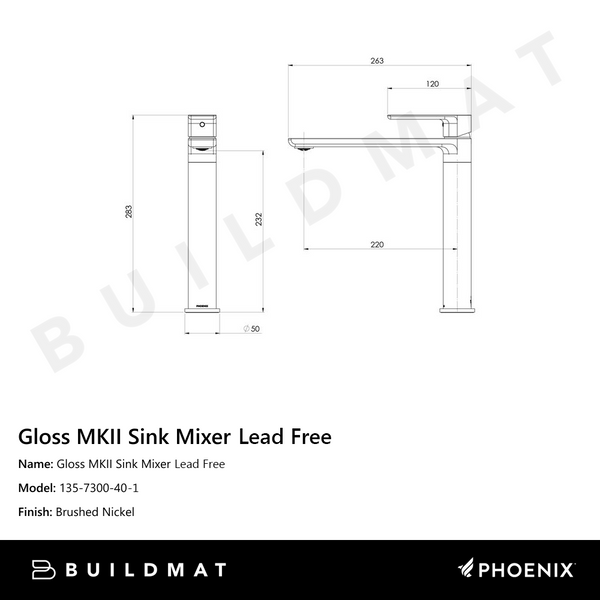 Phoenix Gloss MKII Sink Mixer Brushed Nickel Lead Free