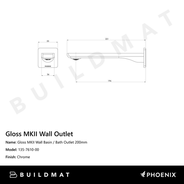 Phoenix Gloss MKII Wall Basin / Bath Outlet 200mm  Chrome