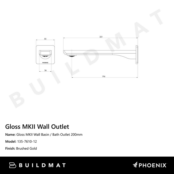 Phoenix Gloss MKII Wall Basin / Bath Outlet 200mm  Brushed Gold