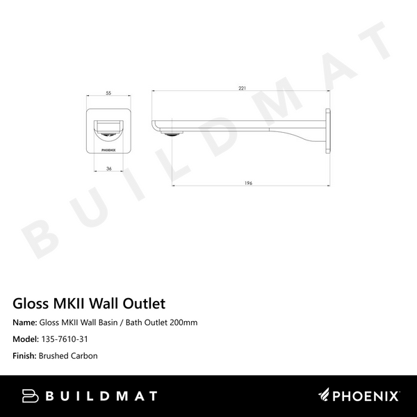 Phoenix Gloss MKII Wall Basin / Bath Outlet 200mm Brushed Carbon