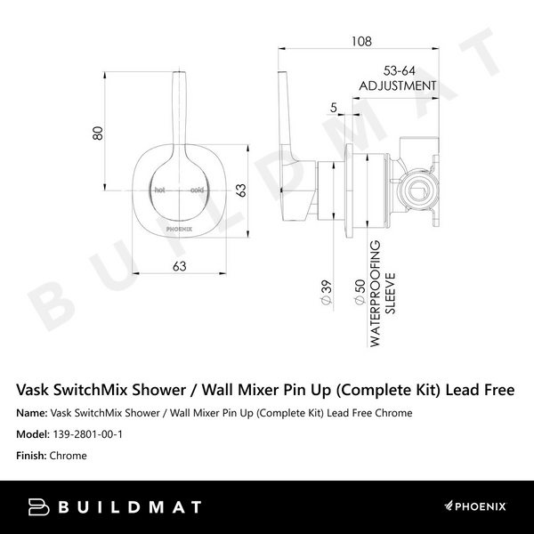 Phoenix Vask SwitchMix Shower / Wall Mixer Pin Up Chrome (Complete Kit) Lead Free