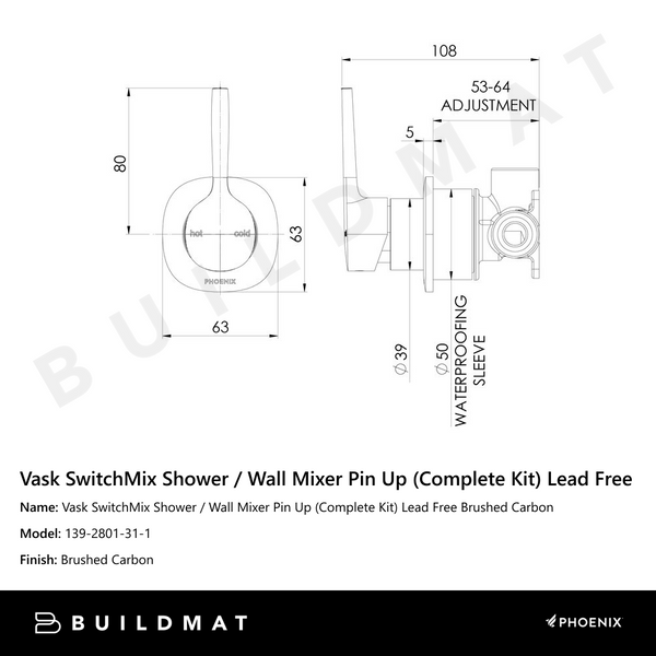 Phoenix Vask SwitchMix Shower / Wall Mixer Pin Up Brushed Carbon (Complete Kit) Lead Free