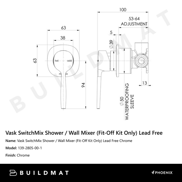 Phoenix Vask SwitchMix Shower / Wall Mixer (Fit-Off Kit Only) Chrome Lead Free
