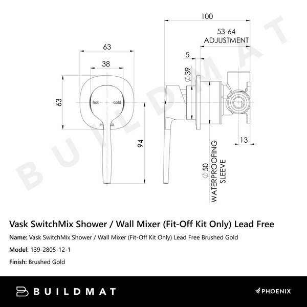 Phoenix Vask SwitchMix Shower / Wall Mixer (Fit-Off Kit Only) Brushed Gold Lead Free