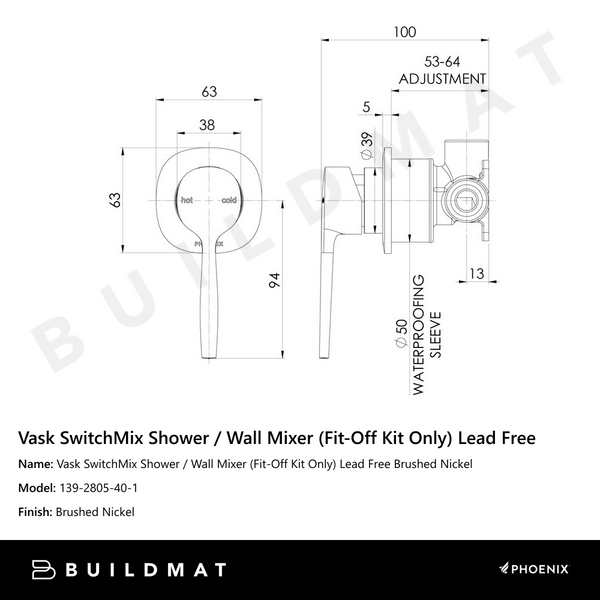 Phoenix Vask SwitchMix Shower / Wall Mixer (Fit-Off Kit Only) Brushed Nickel Lead Free