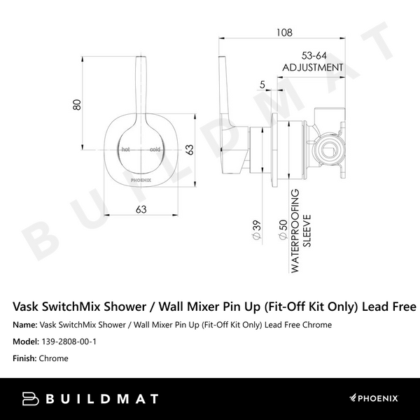 Phoenix Vask SwitchMix Shower / Wall Mixer Pin Up (Fit-Off Kit Only) Chrome Lead Free