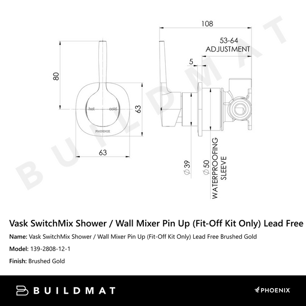 Phoenix Vask SwitchMix Shower / Wall Mixer Pin Up (Fit-Off Kit Only) Brushed Gold Lead Free