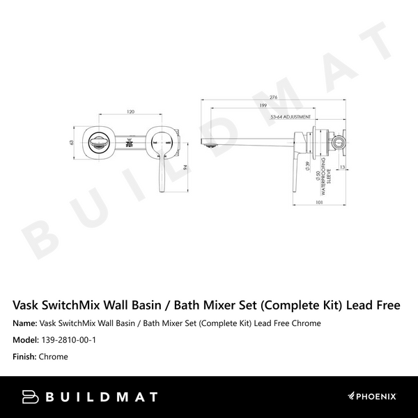 Phoenix Vask SwitchMix Wall Basin / Bath Mixer Set Chrome (Complete Kit) Lead Free