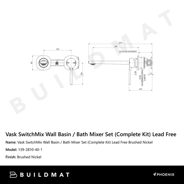 Phoenix Vask SwitchMix Wall Basin / Bath Mixer Set Brushed Nickel (Complete Kit) Lead Free