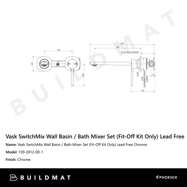 Phoenix Vask SwitchMix Wall Basin / Bath Mixer Set (Fit-Off Kit Only) Chrome Lead Free