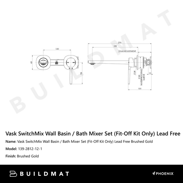 Phoenix Vask SwitchMix Wall Basin / Bath Mixer Set (Fit-Off Kit Only) Brushed Gold Lead Free