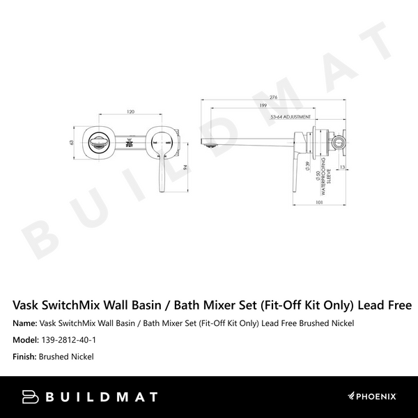 Phoenix Vask SwitchMix Wall Basin / Bath Mixer Set (Fit-Off Kit Only) Brushed Nickel Lead Free