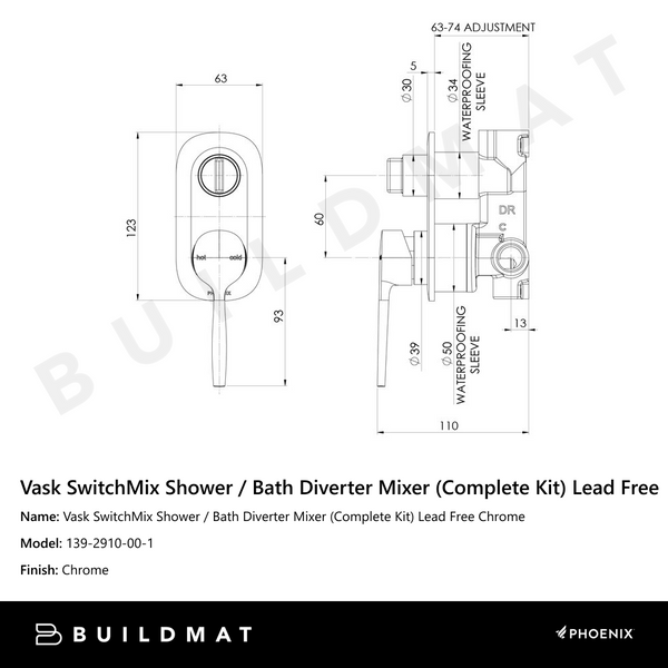 Phoenix Vask SwitchMix Shower / Bath Divertor Mixer Chrome (Complete Kit) Lead Free