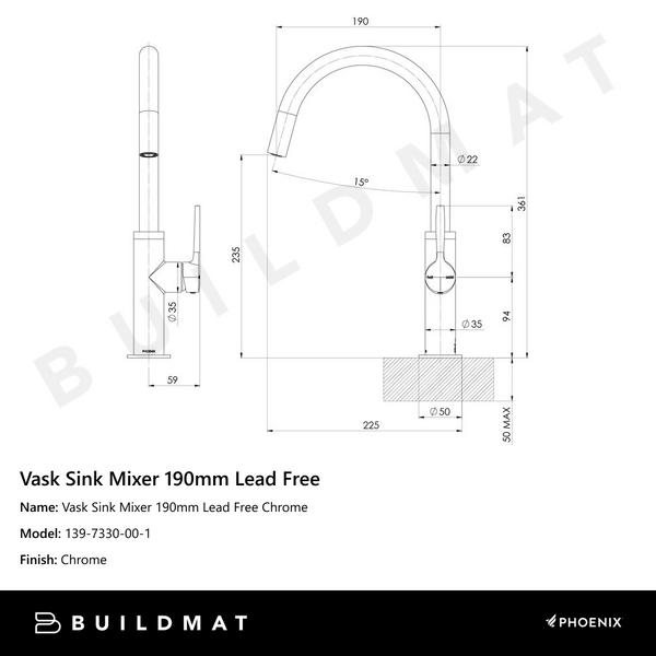 Phoenix Vask Sink Mixer 160mm Chrome Lead Free