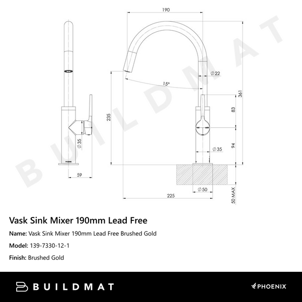 Phoenix Vask Sink Mixer 160mm Brushed Gold Lead Free