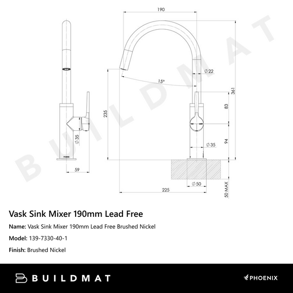Phoenix Vask Sink Mixer 160mm Brushed Nickel Lead Free
