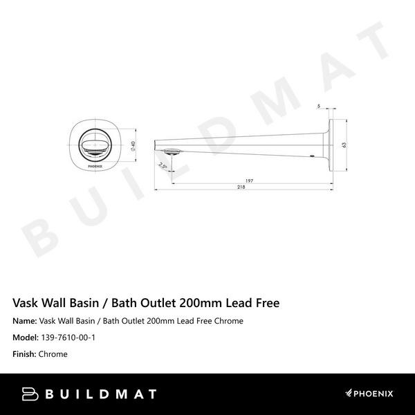 Phoenix Vask SwitchMix Wall Basin / Bath Outlet 200mm Chrome Lead Free