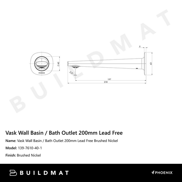Phoenix Vask SwitchMix Wall Basin / Bath Outlet 200mm Brushed Nickel Lead Free