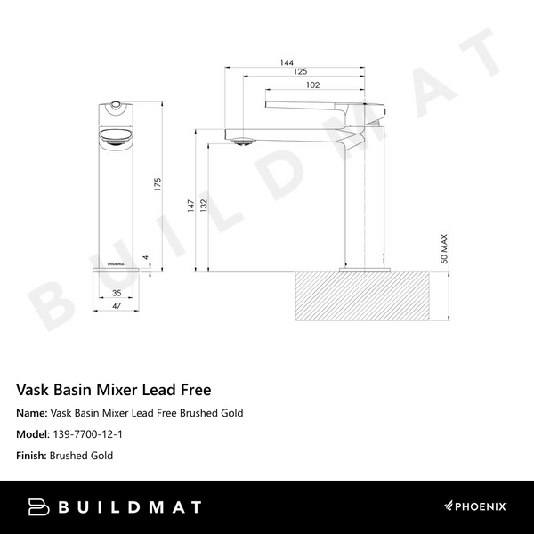 Phoenix Vask Basin Mixer Brushed Gold Lead Free