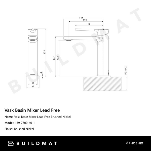 Phoenix Vask Basin Mixer Brushed Nickel Lead Free