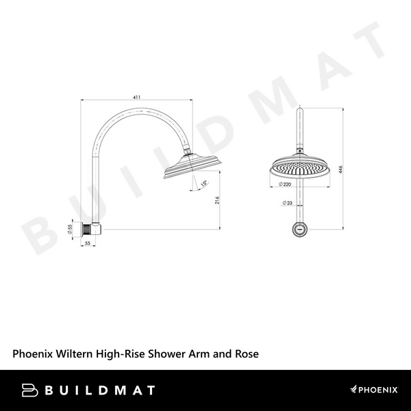 Phoenix Wiltern High-Rise Shower Arm and Rose Brushed Nickel