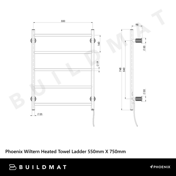 Phoenix Wiltern Heated Towel Ladder 550mm X 750mm Brushed Nickel