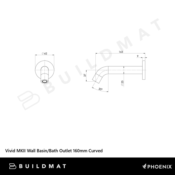 Phoenix Vivid MKII Wall Basin/Bath Outlet 160mm Curved Brushed Nickel Lead Free