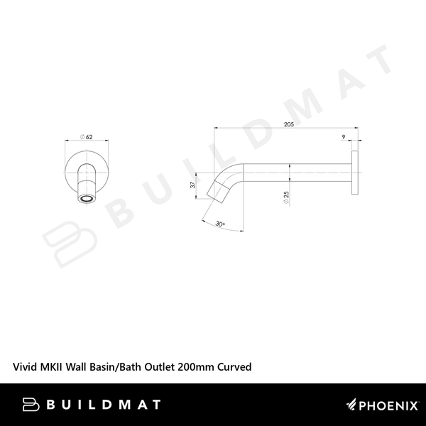 Phoenix Vivid MKII Wall Basin/Bath Outlet 200mm Curved Brushed Gold Lead Free