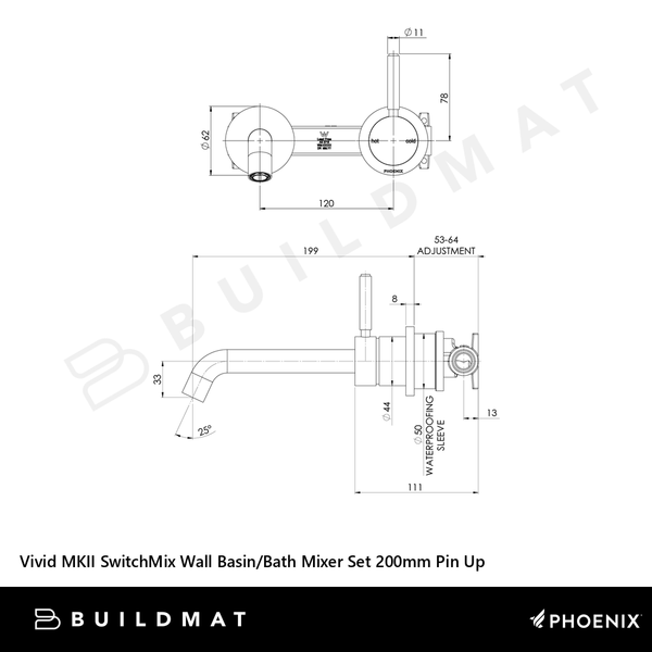 Phoenix Vivid MKII SwitchMix Wall Basin/Bath Mixer Set 200mm Pin Up (Fit-Off Kit) Brushed Nickel Lead Free