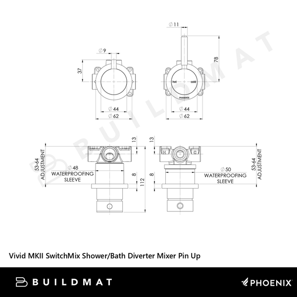 Phoenix Vivid MKII SwitchMix Shower/Bath Diverter Mixer Pin Up (Complete Kit) Brushed Nickel Lead Free