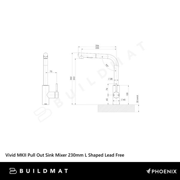 Phoenix Vivid MKII Pull Out Sink Mixer 230mm L Shaped Brushed Carbon Lead Free