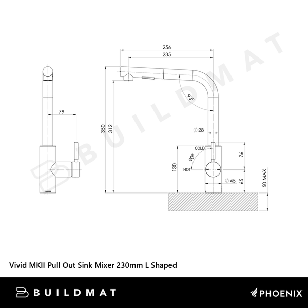 Phoenix Vivid MKII Pull Out Sink Mixer 230mm L Shaped Brushed Gold Lead Free