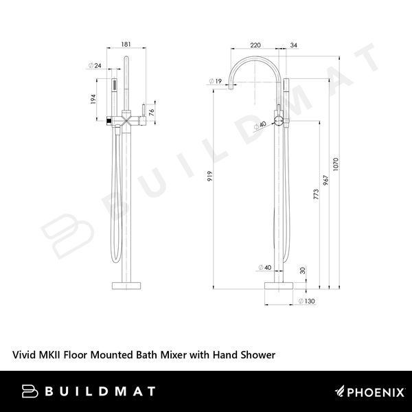Phoenix Vivid MKII Floor Mounted Bath Mixer with Hand Shower Brushed Nickel