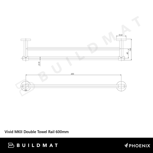 Phoenix Vivid MKII Double Towel Rail 600mm Chrome