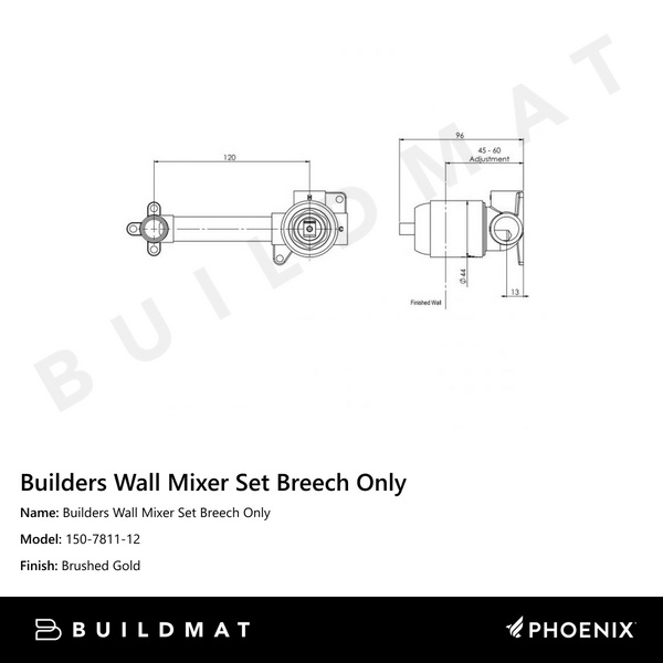 Phoenix Builders Wall Mixer Set (Breech Only) Brushed Gold