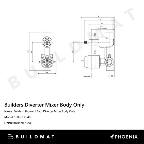 Phoenix Builders Shower / Bath Diverter Mixer Body Only Brushed Nickel