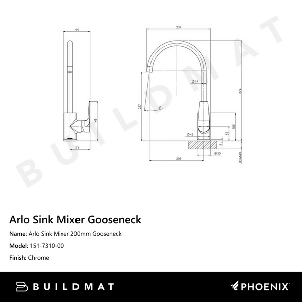 Phoenix Arlo Sink Mixer 200mm Gooseneck Chrome