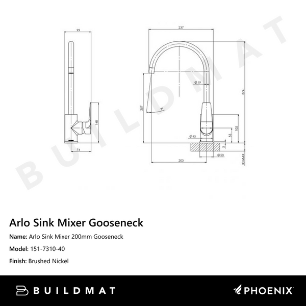 Phoenix Arlo Sink Mixer 200mm Gooseneck Brushed Nickel
