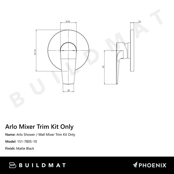 Phoenix Arlo Shower / Wall Mixer (Trim Kit Only) Matte Black