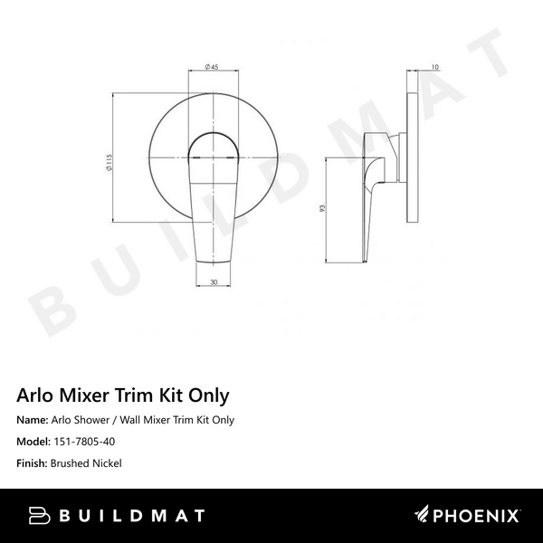 Phoenix Arlo Shower / Wall Mixer (Trim Kit Only) Brushed Nickel
