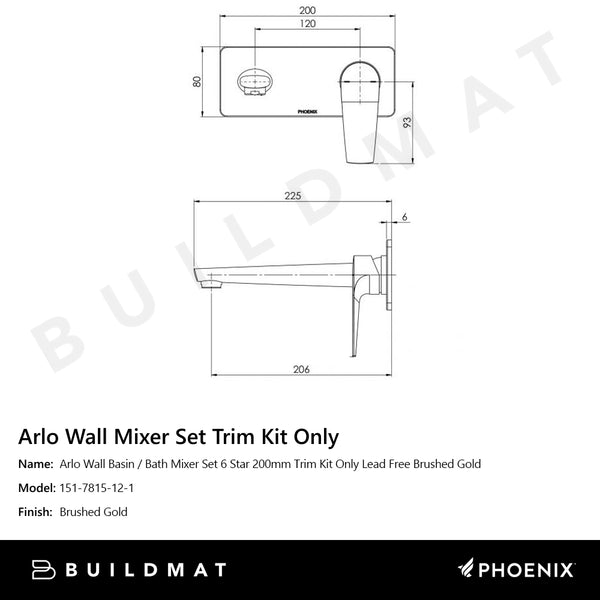 Phoenix Arlo Wall Basin / Bath Mixer Set 6 Star 200mm (Trim Kit Only) Lead Free Brushed Gold