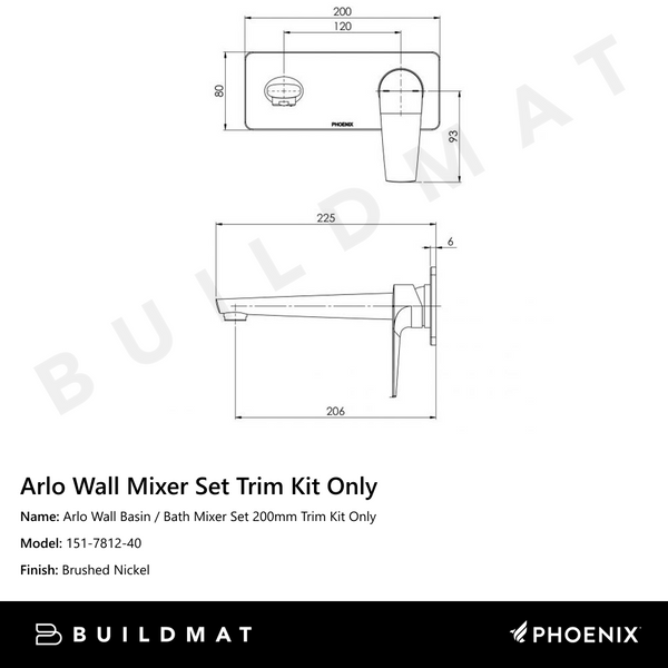 Phoenix Arlo Wall Basin / Bath Mixer Set 200mm (Trim Kit Only) Brushed Nickel