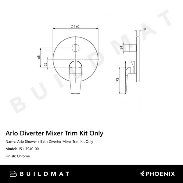Phoenix Arlo Shower / Bath Diverter Mixer (Trim Kit Only) Chrome