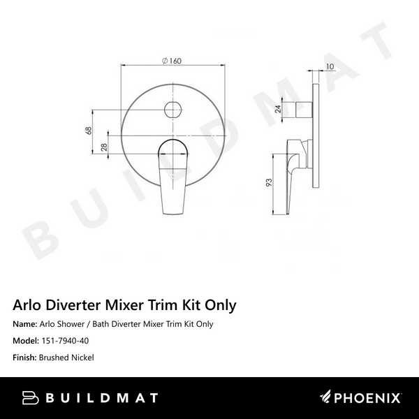 Phoenix Arlo Shower / Bath Diverter Mixer (Trim Kit Only) Brushed Nickel