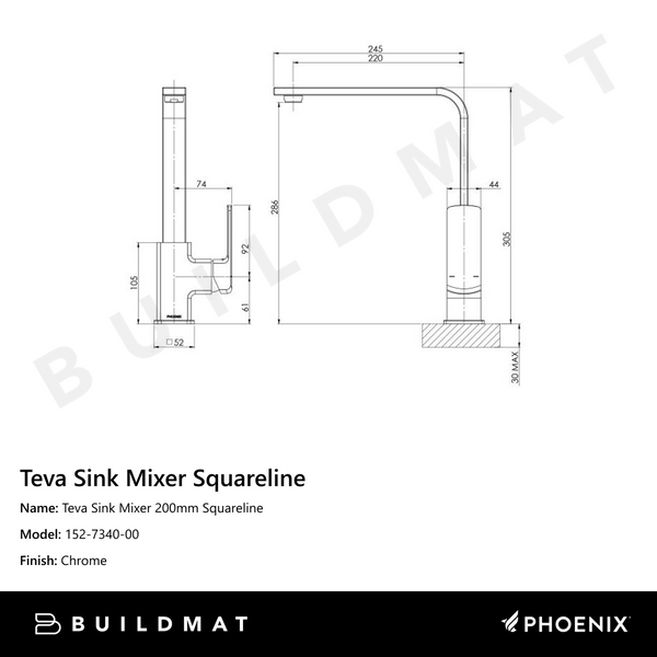 Phoenix Teva Sink Mixer 200mm Squareline Chrome