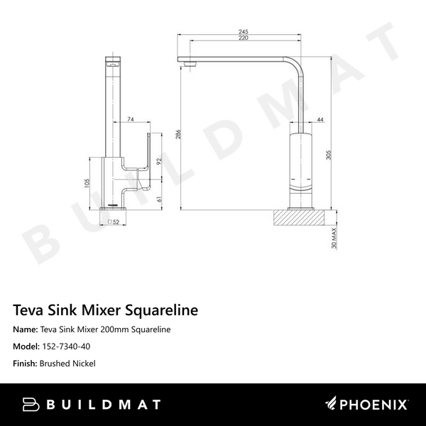 Phoenix Teva Sink Mixer 200mm Squareline Brushed Nickel