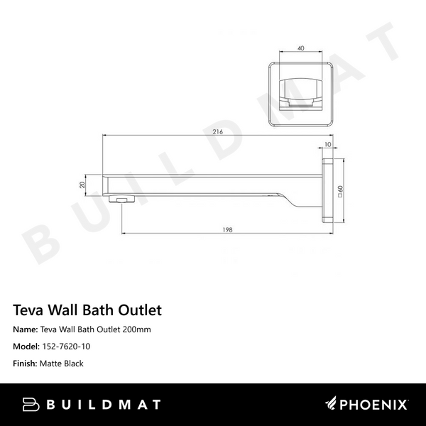 Phoenix Teva Wall Bath Outlet 200mm Matte Black