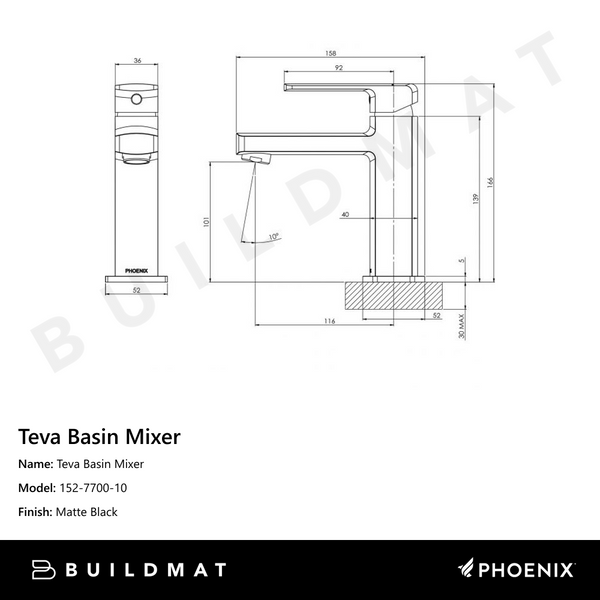 Phoenix Teva Basin Mixer Matte Black